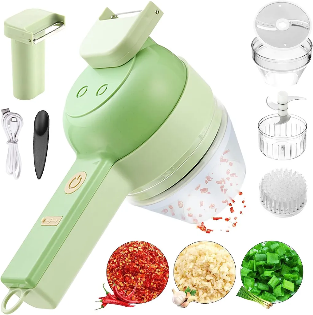 Amorxia 4 in 1 Handheld Electric Vegetable Cutter Set, Gatling Portable Vegetable Cutter, Rechargeable Garlic Chopper, Multifunction Food Mini Slicer with Brush for Pepper Chili Celery Ginger - Choppers